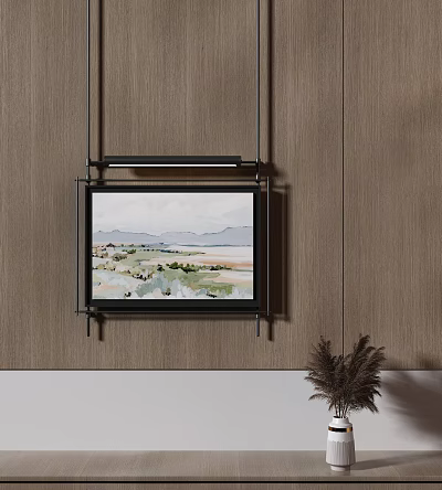 Wooden Wall Decor With Framed Landscape Painting And Dried Plant Accent 3d model