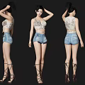 Stylish Woman Wearing Crop Top Denim Shorts And Strappy High Heels In Three Quarter Views