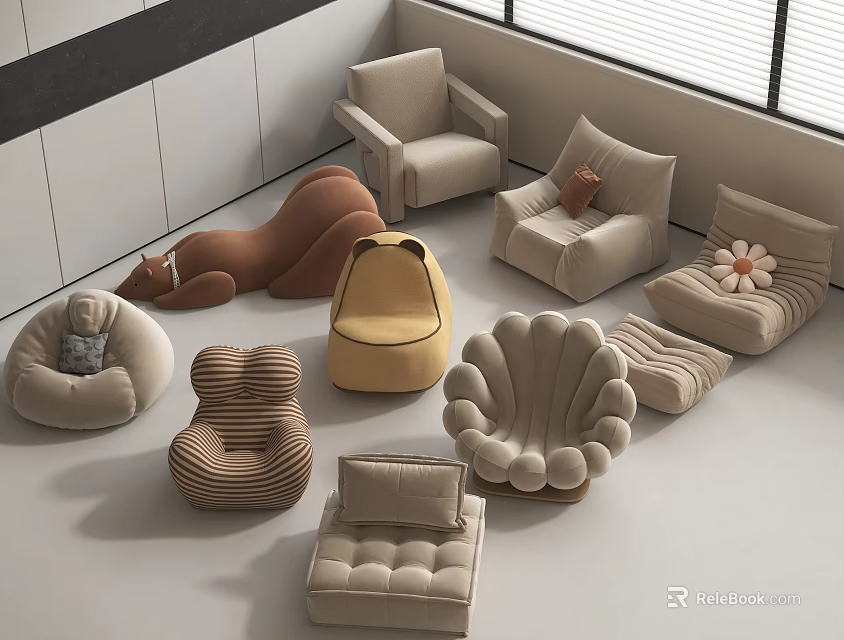Cozy Lazy Floor Sofa Collection With Scalloped Round Wave Designs And Neutral Tones 3d model 