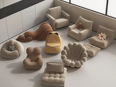 Cozy Lazy Floor Sofa Collection With Scalloped Round Wave Designs And Neutral Tones 3d model