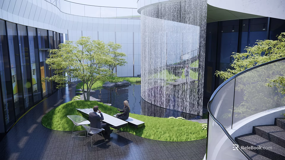 Modern Indoor Garden Landscape With Green Plants Water Feature And Seating Area 3d model 