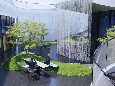 Modern Indoor Garden Landscape With Green Plants Water Feature And Seating Area 3d model
