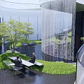 Modern Indoor Garden Landscape With Green Plants Water Feature And Seating Area