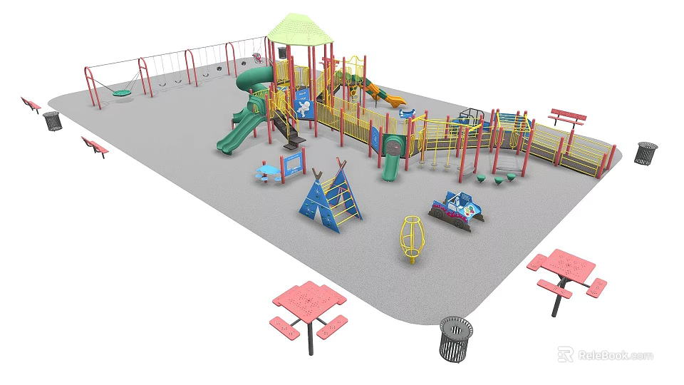 Outdoor Colorful Playground Equipment With Slides Climbing Frames Swings And Picnic Tables 3d model 