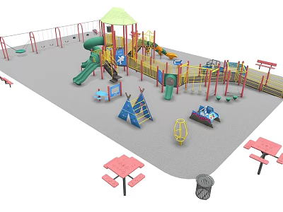 Outdoor Colorful Playground Equipment With Slides Climbing Frames Swings And Picnic Tables 3d model