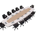 White Rectangular Conference Table With Black Office Chairs And Brown Center Panel 3d model