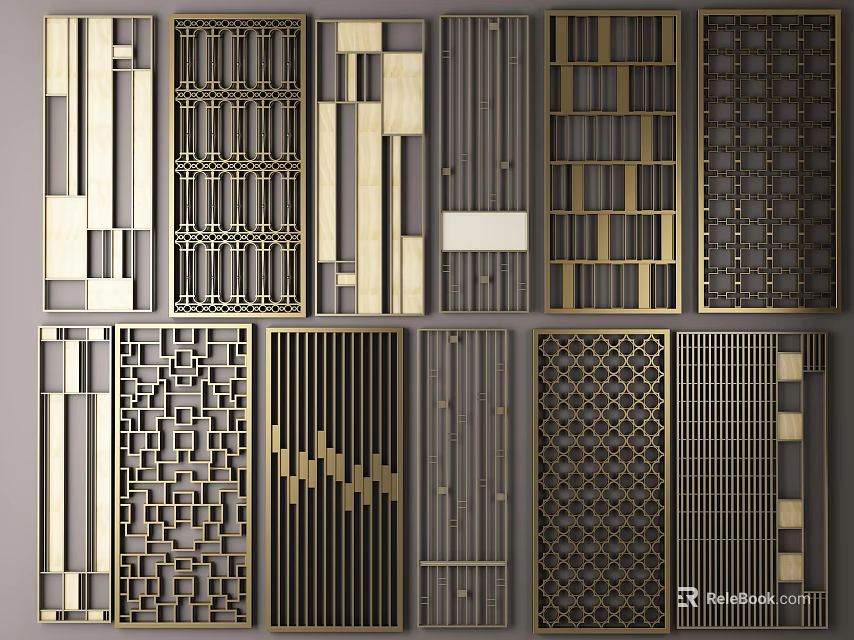 Modern Decorative Room Dividers With Various Geometric Patterns And Metal Frames 3d model