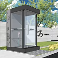 Modern Glass Security Booth With Black Frame Surrounding Trees And Wall 3d model