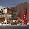 Modern Commercial Complex With Starbucks Glass Curtain Walls Red Tower Art Sculpture And Greenery