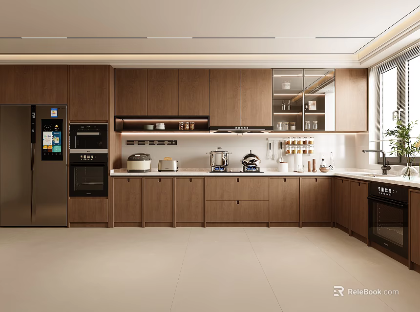 Modern Kitchen Design With Wooden Cabinets Stainless Steel Refrigerator Appliances And Natural Light 3d model 
