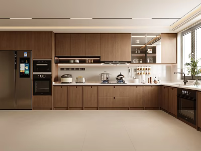 Modern Kitchen Design With Wooden Cabinets Stainless Steel Refrigerator Appliances And Natural Light 3d model