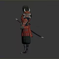 A Man In Red And Black Samurai Armor With Spiked Shoulders And Sword