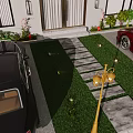 Modern Detached Villa Exterior With Driveway Lawn Parked Cars Garden Lights And Greenery