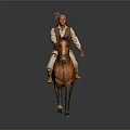 Traditional Native American Riding Figurine on Brown Horse with Feathered Headdress and Vest
