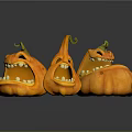 Halloween Decorative Ornament Set Featuring Three Smiling Pumpkins Exposed Teeth And Green Vines