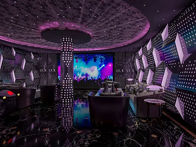 Modern Luxury KTV Interior With Colorful Lighting Sofas Large Screen And Stage 3d model