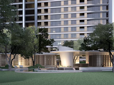Modern High Rise Building Garden Landscape With Trees Lawn Water Feature And Entrance 3d model