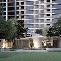 Modern High Rise Building Garden Landscape With Trees Lawn Water Feature And Entrance