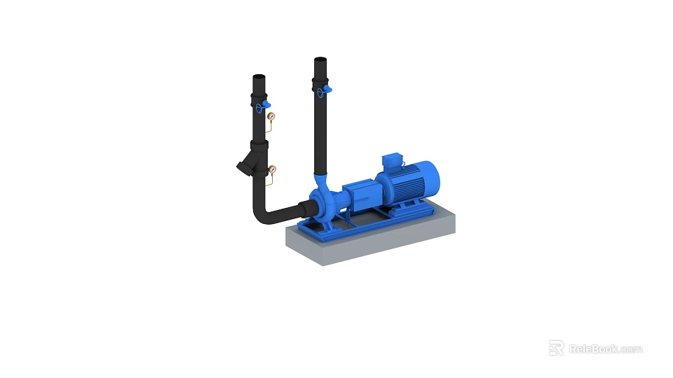 Blue Industrial Pump With Black Piping Mounted On Gray Base 3d model 