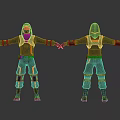 Two 3D Character And Creature Models In Futuristic Green Orange Suits Front Back Views