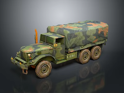 Military Truck with Camouflage Paint Canvas Covered Cargo Bed and Multiple Wheels 3d model