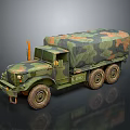 Military Truck with Camouflage Paint Canvas Covered Cargo Bed and Multiple Wheels