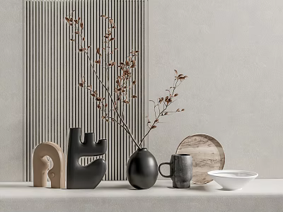 Black Vase With Branches On White Countertop Near Gray Mug Wooden Tray And Striped Wall 3d model