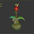 Potted Plant Featuring Red Flower Yellow Stamens and Green Leaves in Clay Pot