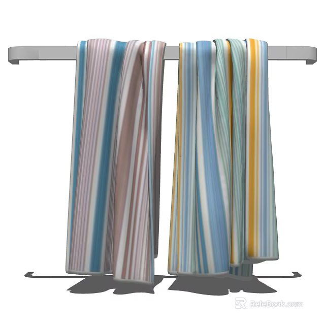 Colorful Striped Towels Hanging on Metal Rail with Blue Pink Yellow Patterns 3d model 