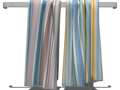 Colorful Striped Towels Hanging on Metal Rail with Blue Pink Yellow Patterns 3d model