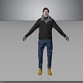 3D Rendered Male Character Wearing Black Jacket Green Hoodie Blue Pants And Yellow Boots