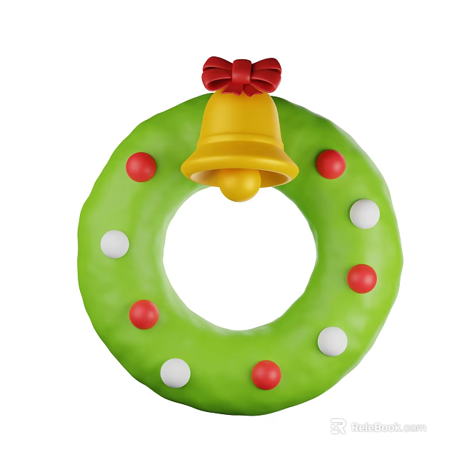 Christmas Ornament Decor Set With Green Wreath Yellow Bell Red Bow And Dots 3d model 