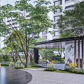 Modern Residential Landscape Design With Lush Green Trees Stone Pathway And Entryway