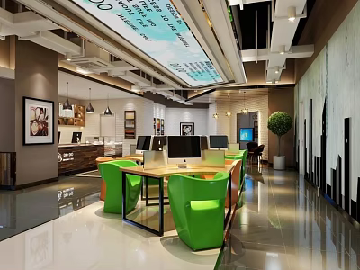 Modern Public Office Space Interior With Green Chairs Computers And Desks 3d model
