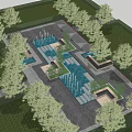 Water Fountain in Urban Park with Stone Paths Greenery and Seating Areas