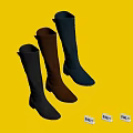 Three Pairs of Stylish Boots in Different Colors on Transparent Display Stand with Price Tags