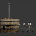 Outdoor Wooden Barrel Hot Tub With Picnic Table Grill And Small Tables