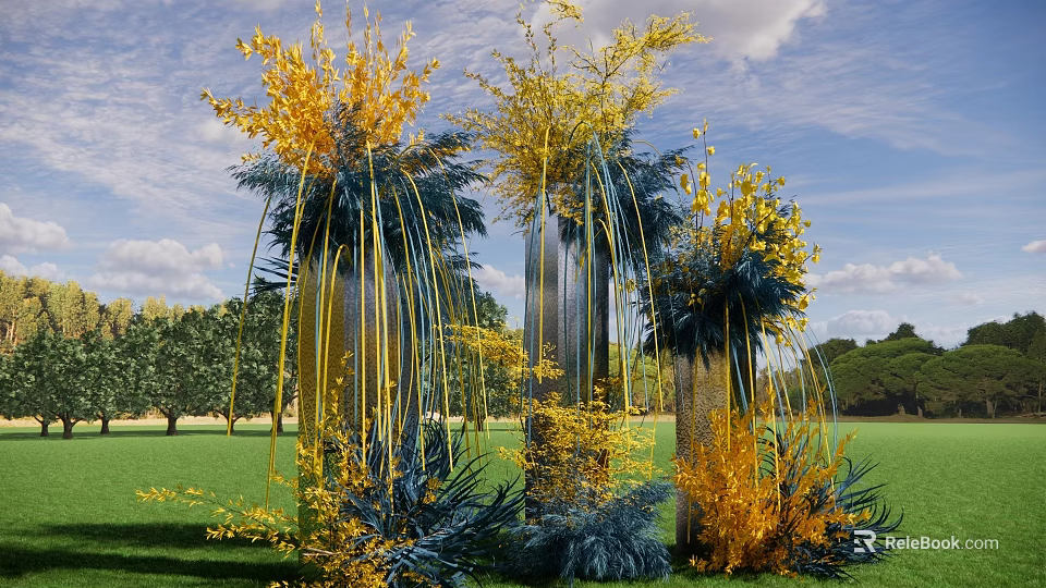 Tall Decorative Columns With Yellow Blue Flowers On Green Grass With Trees And Sky 3d model 