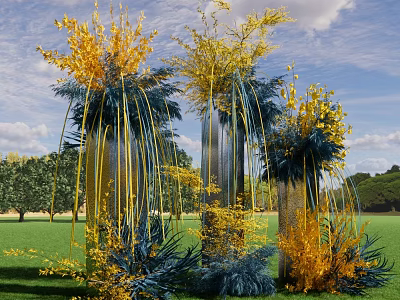 Tall Decorative Columns With Yellow Blue Flowers On Green Grass With Trees And Sky 3d model
