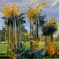 Tall Decorative Columns With Yellow Blue Flowers On Green Grass With Trees And Sky