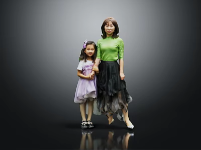 Two Females In Green Top Black Skirt And Purple Dress Against Dark Background 3d model