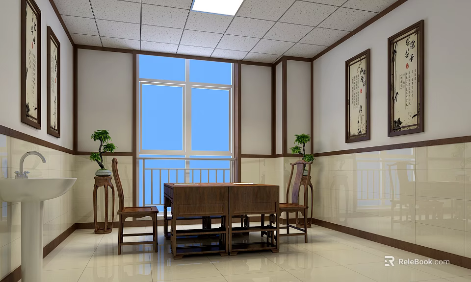 Chinese Style Room Interior With Wooden Table Chairs And Calligraphy Paintings 3d model 
