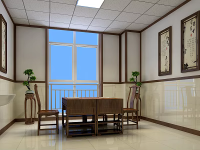 Chinese Style Room Interior With Wooden Table Chairs And Calligraphy Paintings 3d model