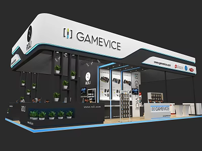 GAMEVICE Exhibition Booth With Modern Design Product Display And Plant Decorations 3d model