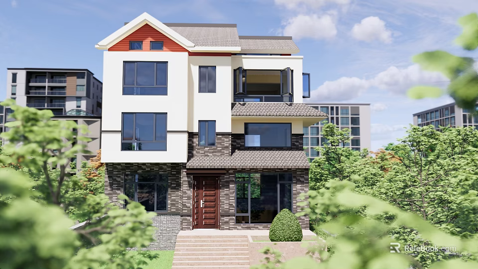 Modern Two Story Detached Villa With Large Windows Brown Door And Green Garden 3d model 