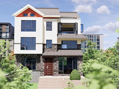 Modern Two Story Detached Villa With Large Windows Brown Door And Green Garden 3d model