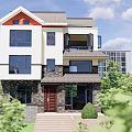 Modern Two Story Detached Villa With Large Windows Brown Door And Green Garden