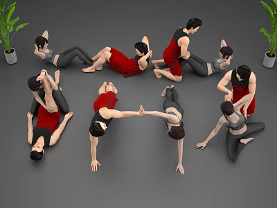 Group of People Practicing Yoga Poses With Potted Plants On Gray Floor 3d model