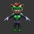 Cute Superhero Cat Character in Green Purple Costume with Mask