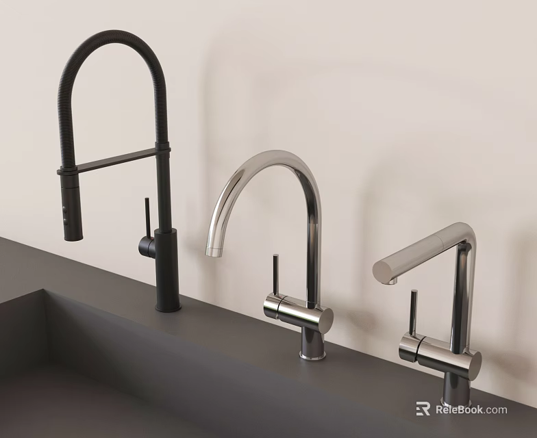 Modern Black and Silver Kitchen Faucets on Dark Countertop with Contemporary Design 3d model 